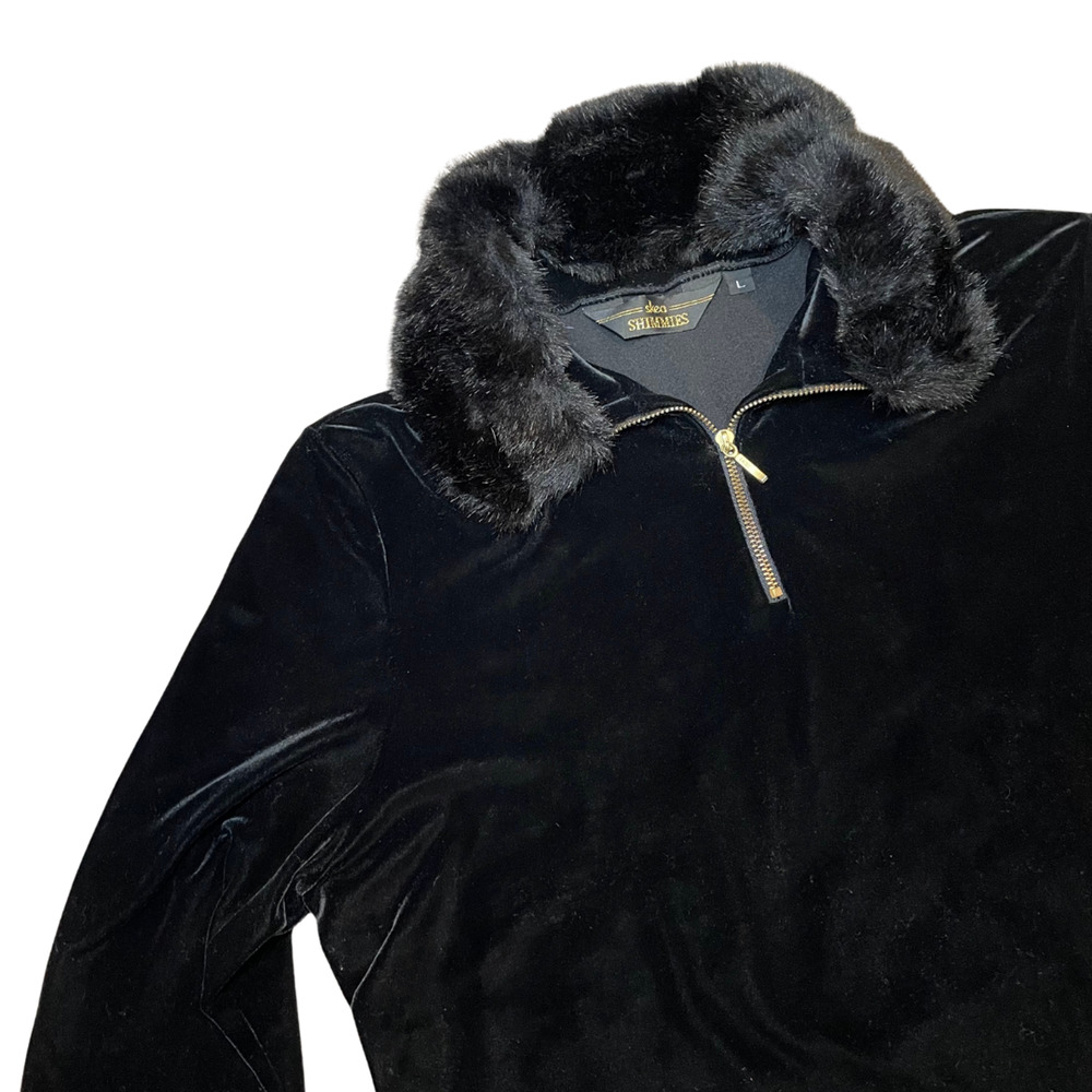 Vintage Skea Shimmies Black Velvet Long Sleeve Top Detachable Fur Collar Size L